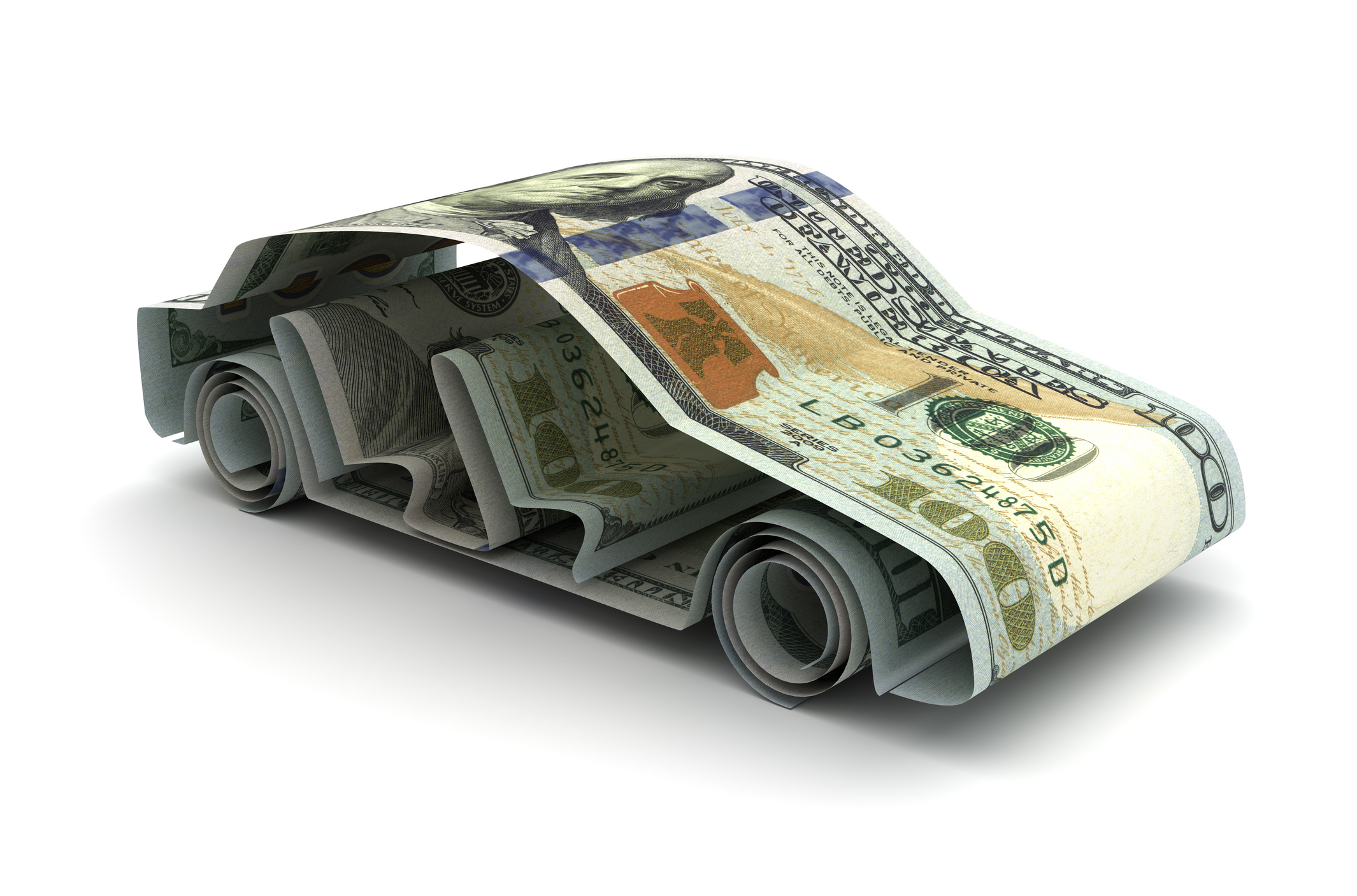 An origami car made of 100 dollar bills. 