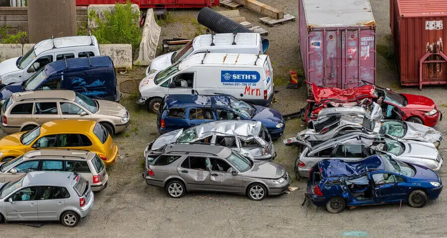 Badly damaged cars used for the training of rescue workers